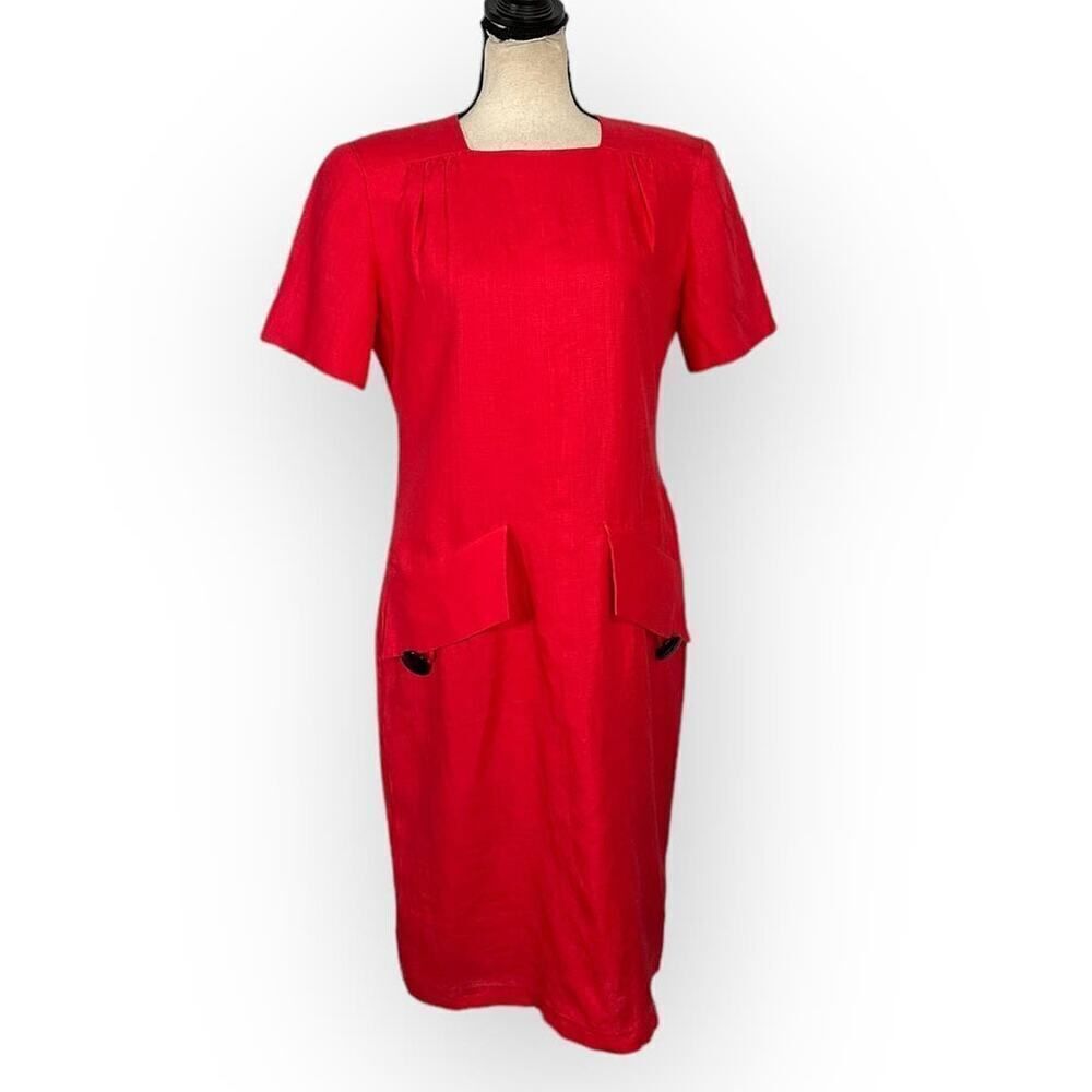Lanvin Paris Vintage Sheath Dress Women's 40 Red Linen Button Back